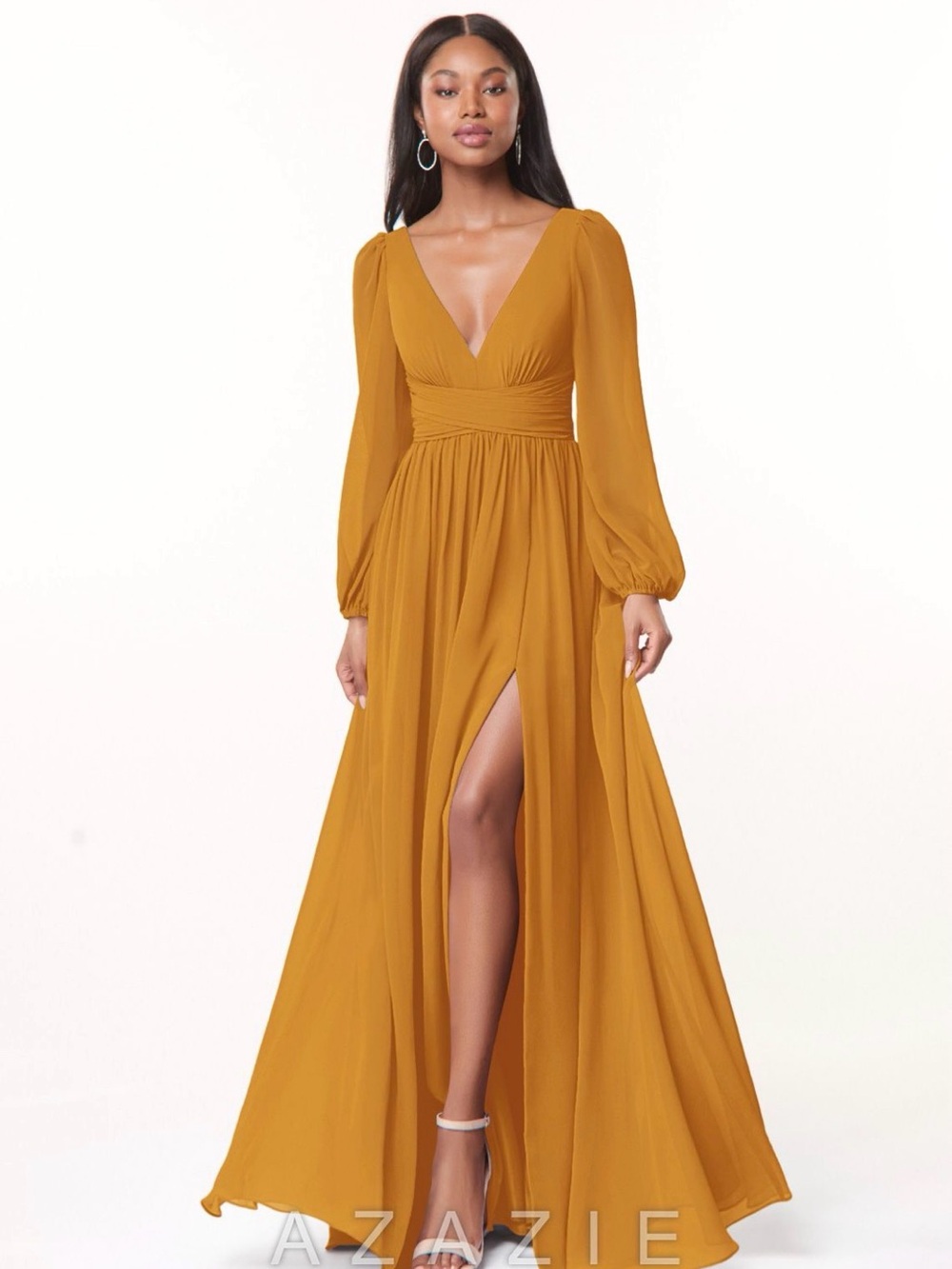 NWT Azazie Norah in Butterscotch,  Long-Sleeve V-Neck Maxi Dress